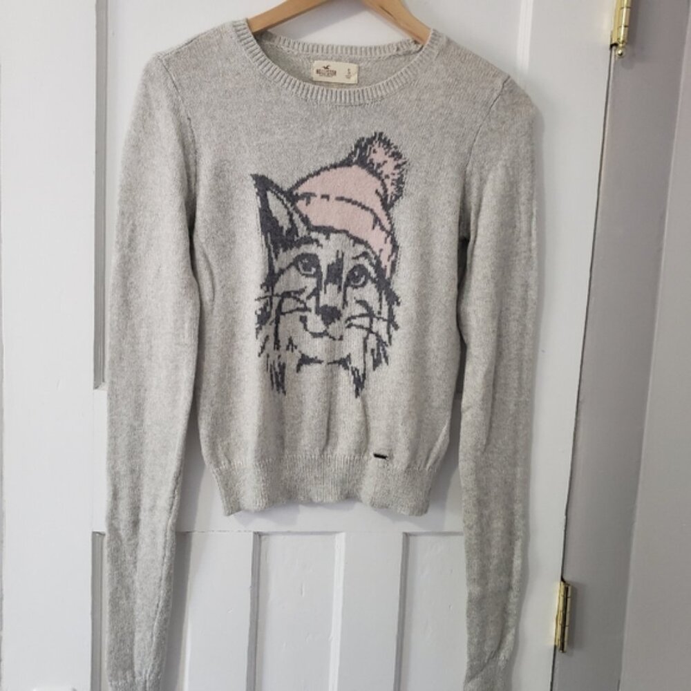 Hollister Y2K Cat Beanie Hat Graphic Soft Knit Pullover Sweater Gray Sz S